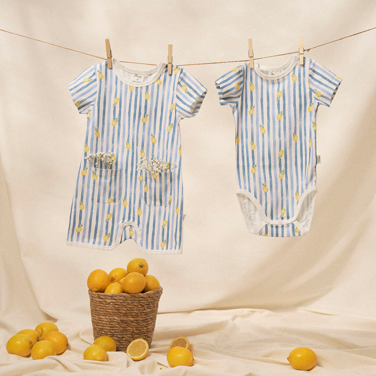 Lemon Stripe short-sleeved bodysuit, natural white