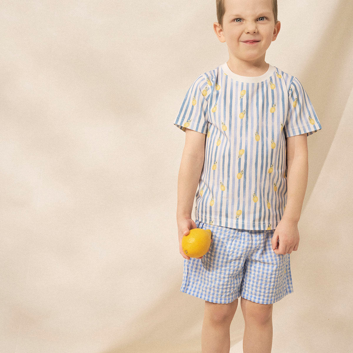 Check shorts, light blue