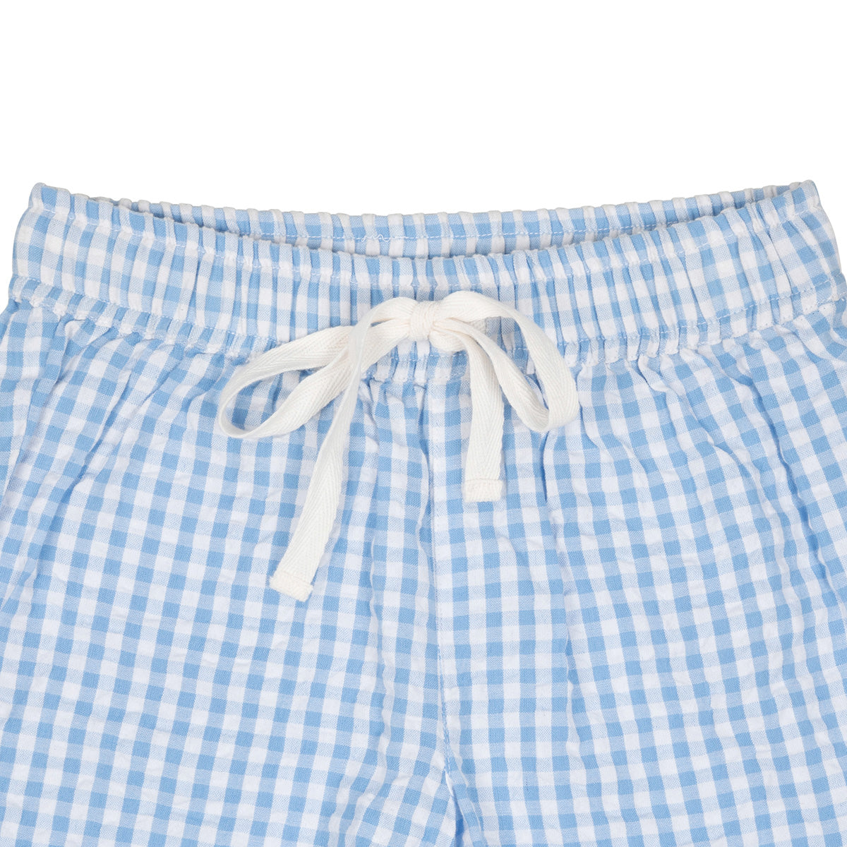 Check shorts, light blue